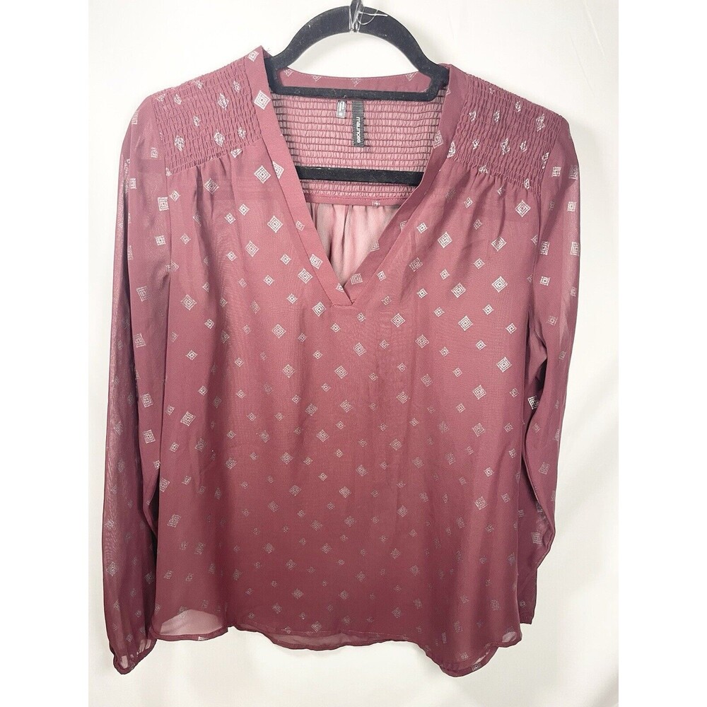 Maurice’s Maroon Silver Long Sleeve Sheer Blouse w V Neck Elastic Sleeves Size M
